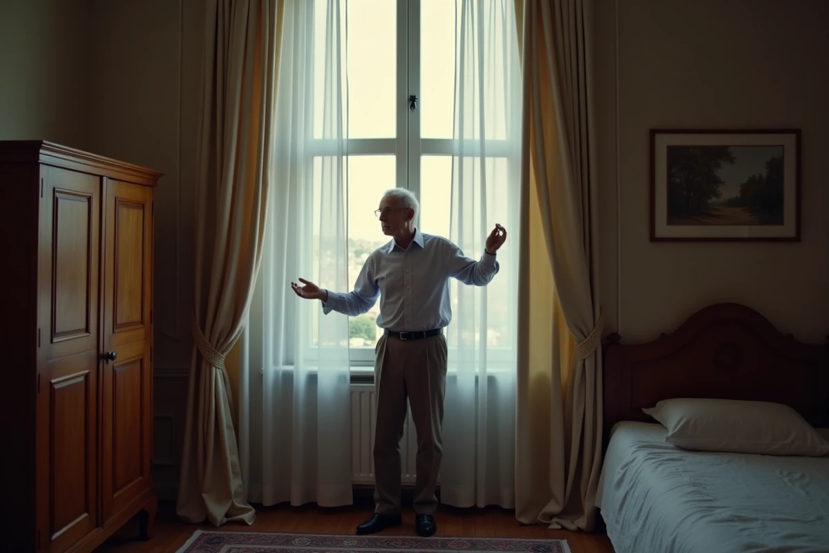 Homme âgé examinant des rideaux occultants dans une chambre classique