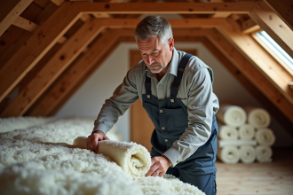 Homme en salopette posant dans un grenier isolé