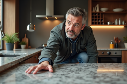 Homme d'âge moyen touchant un plan de granite dans une cuisine moderne