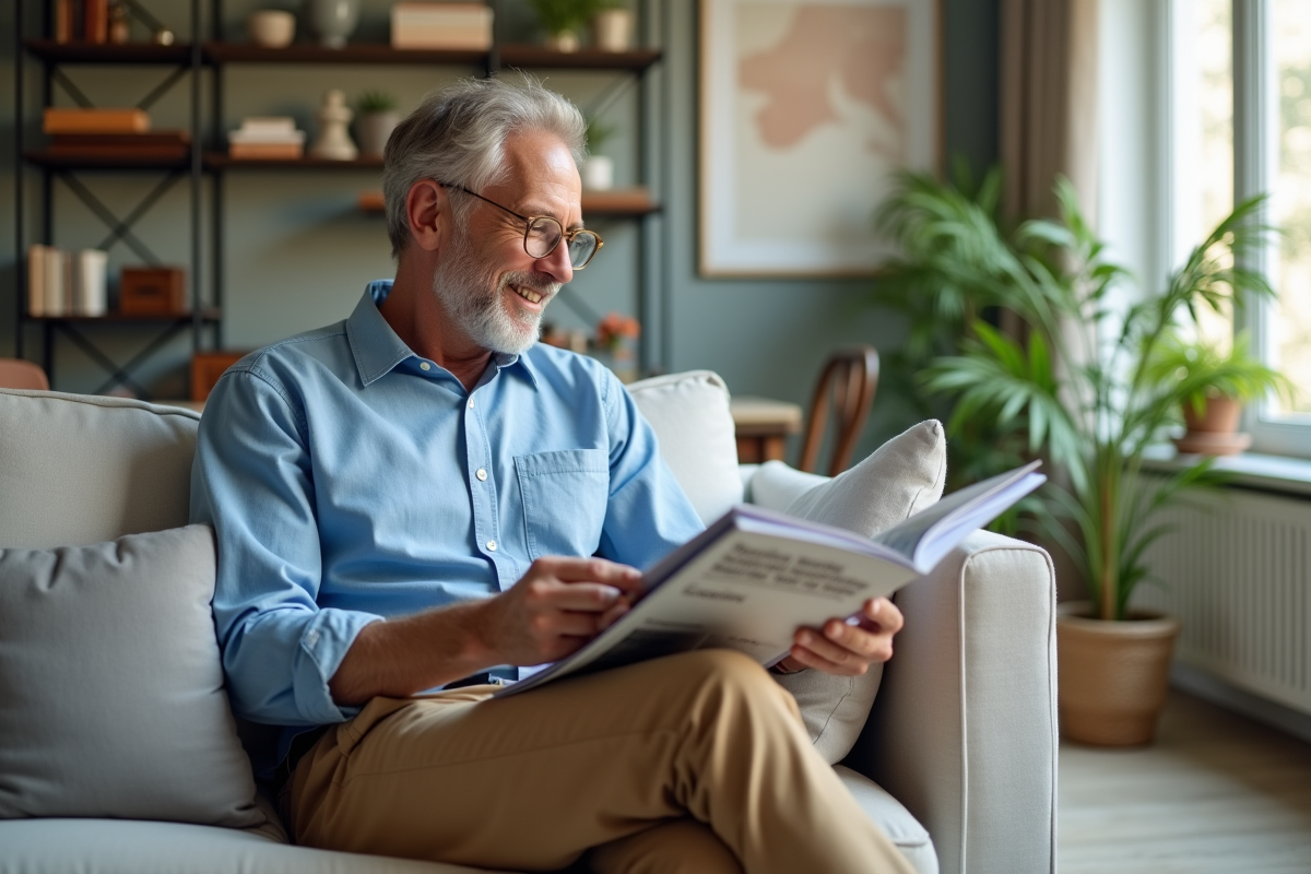 Homme souriant feuilletant un catalogue de couleurs dans un salon moderne
