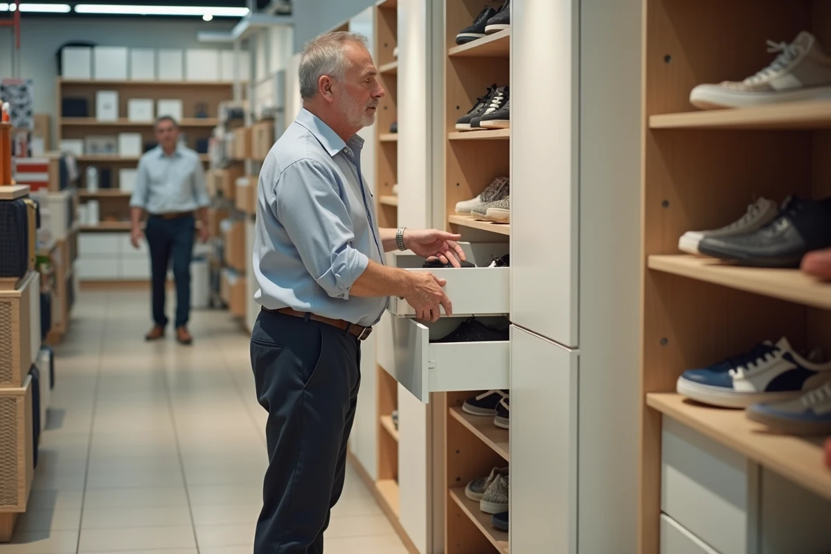 Homme examine un meuble &agrave; chaussures dans un magasin