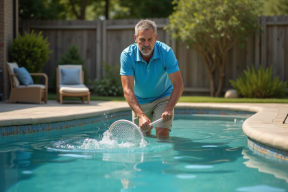 Homme en polo bleu nettoyant une piscine dans le jardin