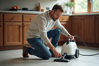 Homme comparant deux nettoyeurs vapeur dans la cuisine