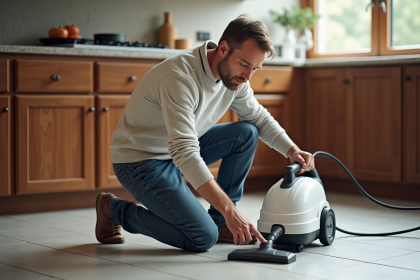 Homme comparant deux nettoyeurs vapeur dans la cuisine