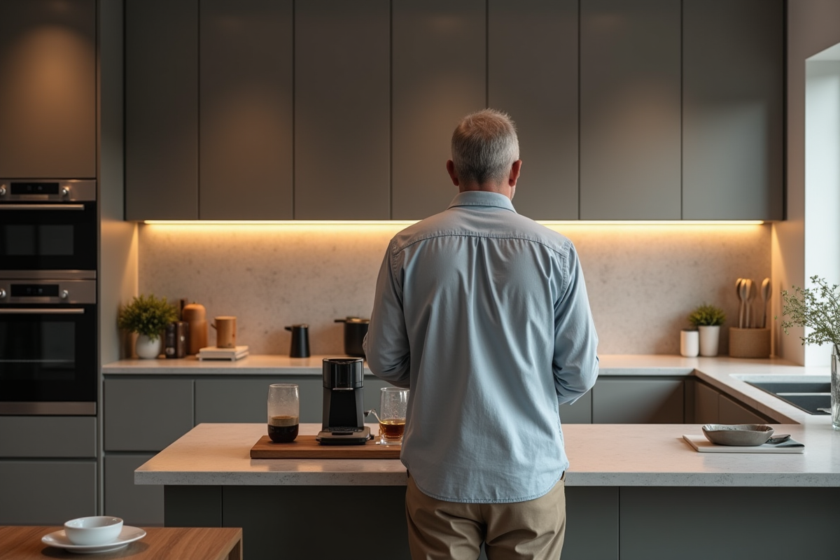 Homme préparant le café dans une cuisine élégante