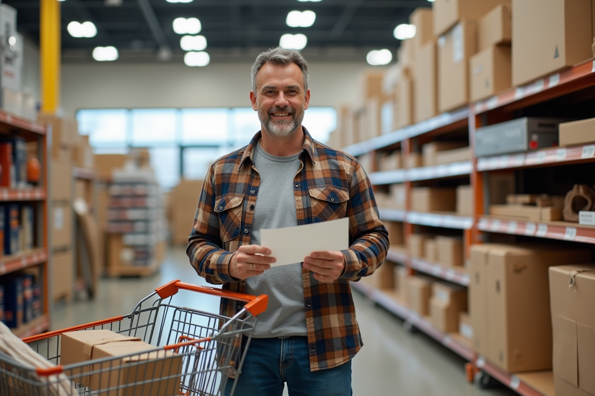 Homme souriant avec reçu et bon de réduction dans un magasin de bricolage