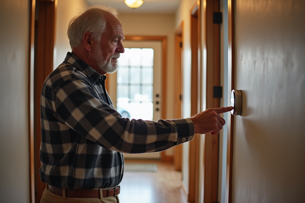 Homme ajustant un thermostat dans un couloir chaleureux