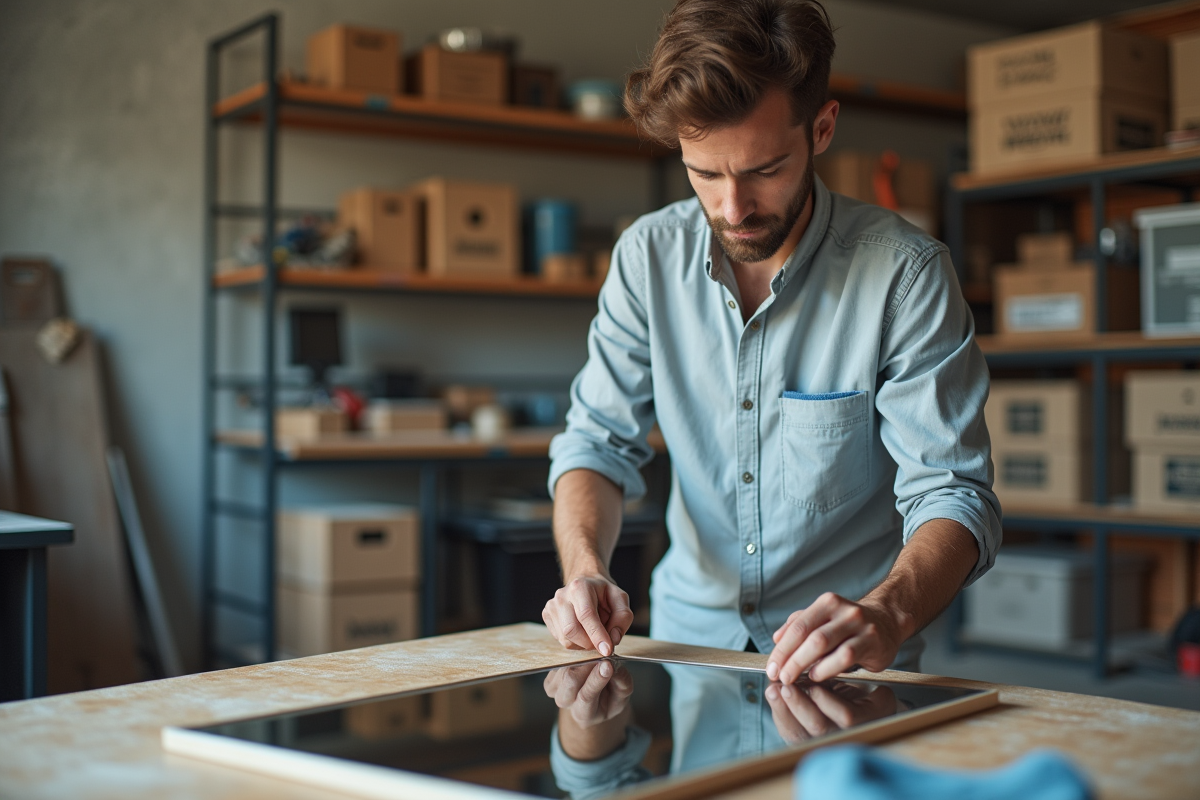 Jeune homme appliquant un film anti-rayures sur un miroir