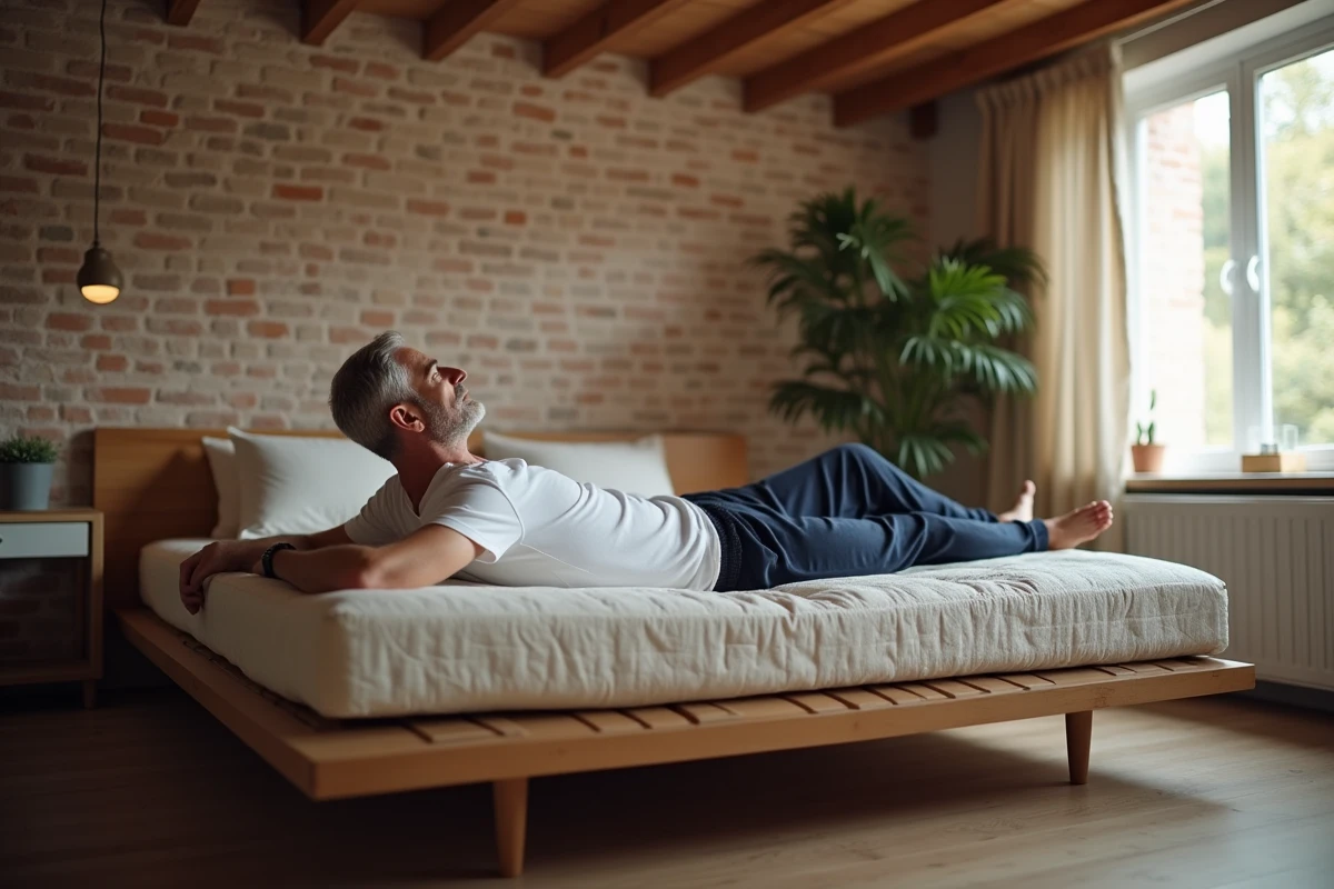 Homme allongé au repos sur un matelas Technilat dans une chambre au style industriel avec poutres en bois