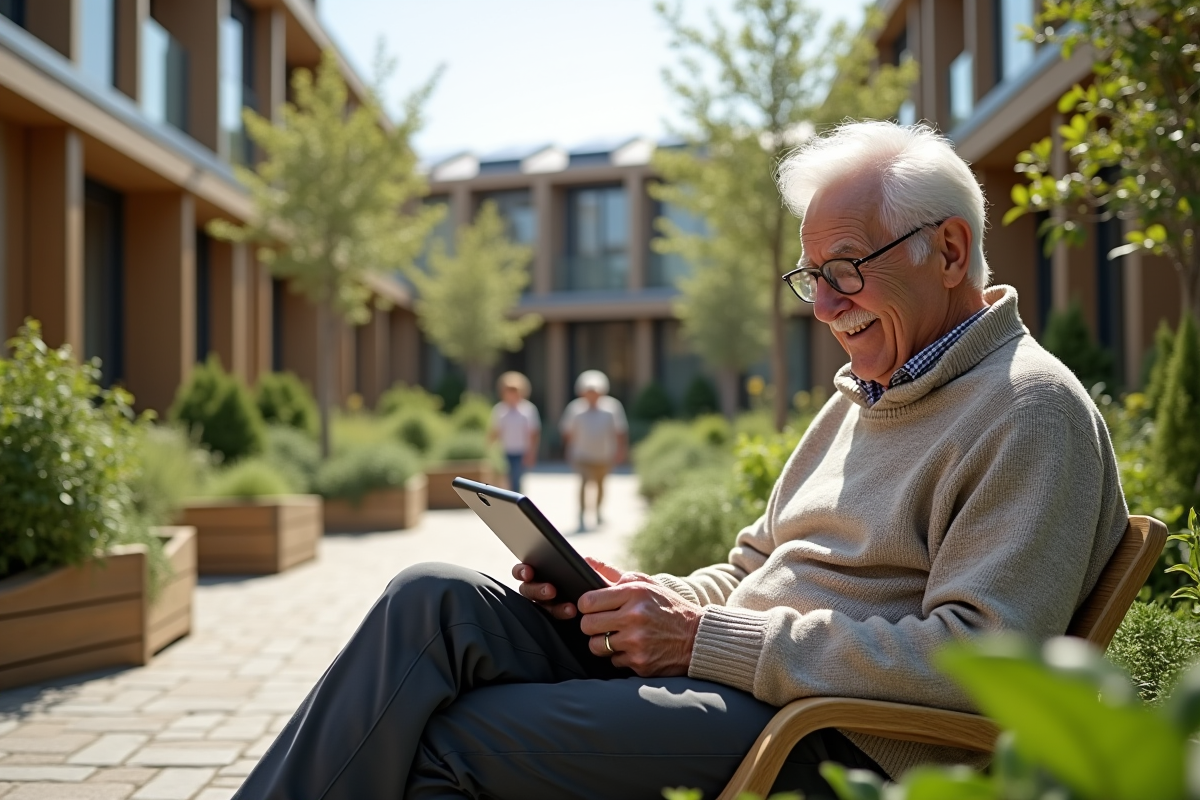 Homme âgé relaxant dans un espace extérieur vert avec tablette et habitat durable