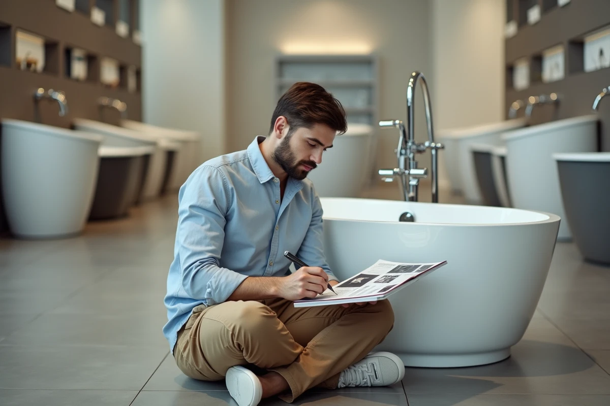 Jeune homme prenant des notes devant une baignoire dans un showroom
