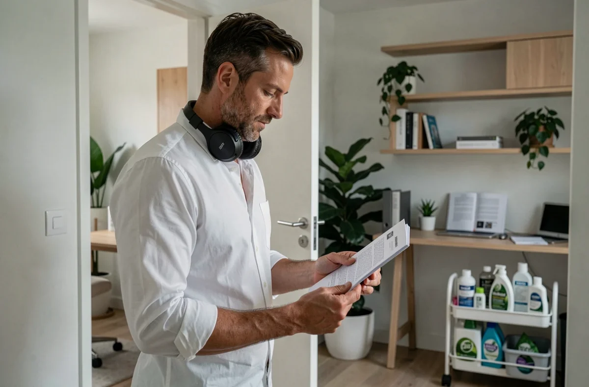 Homme en télétravail dans un bureau à domicile minimaliste avec un chariot de nettoyage visible dans le couloir illustrant l'équilibre entre travail et ménage