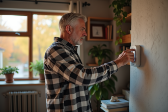 Homme d'âge moyen ajustant un thermostat moderne dans son salon cosy
