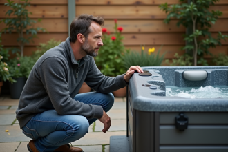 Homme vérifiant le panneau de chauffage du spa extérieur