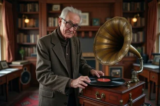 Homme âgé posant un vinyle sur un gramophone vintage dans un bureau chaleureux
