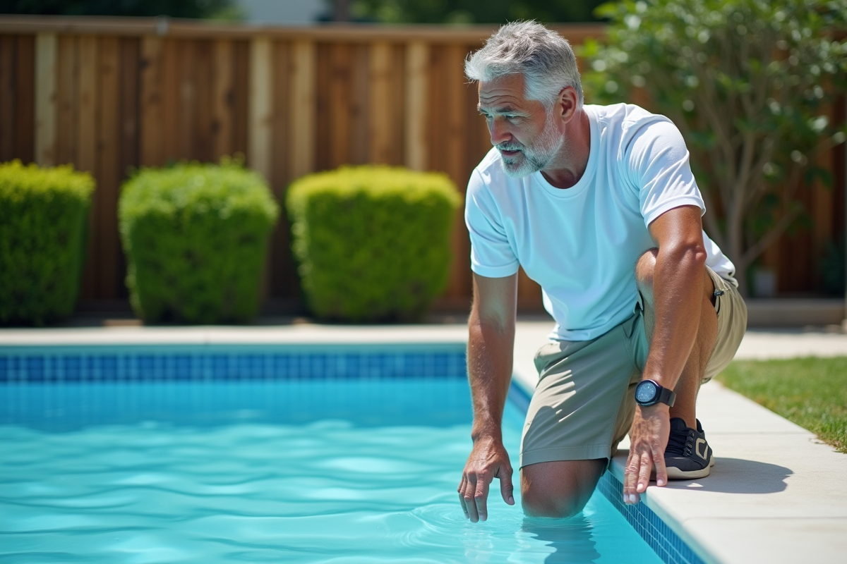 Homme d'âge moyen inspectant une piscine en jardin