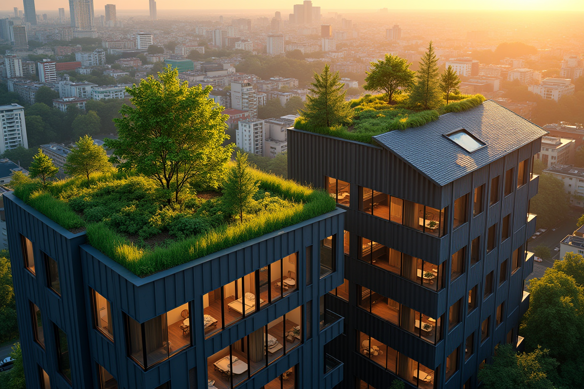 Deux immeubles voisins avec toits verts et tuiles classiques vus du ciel