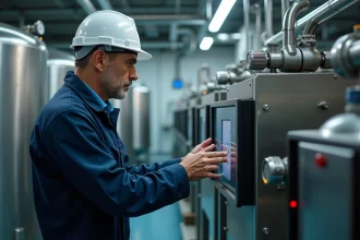 Ingénieur en traitement de l'eau inspectant un panneau de contrôle numérique dans une installation industrielle de traitement HU