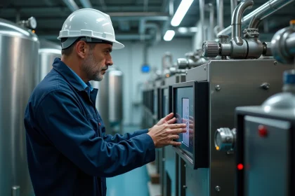 Ingénieur en traitement de l'eau inspectant un panneau de contrôle numérique dans une installation industrielle de traitement HU
