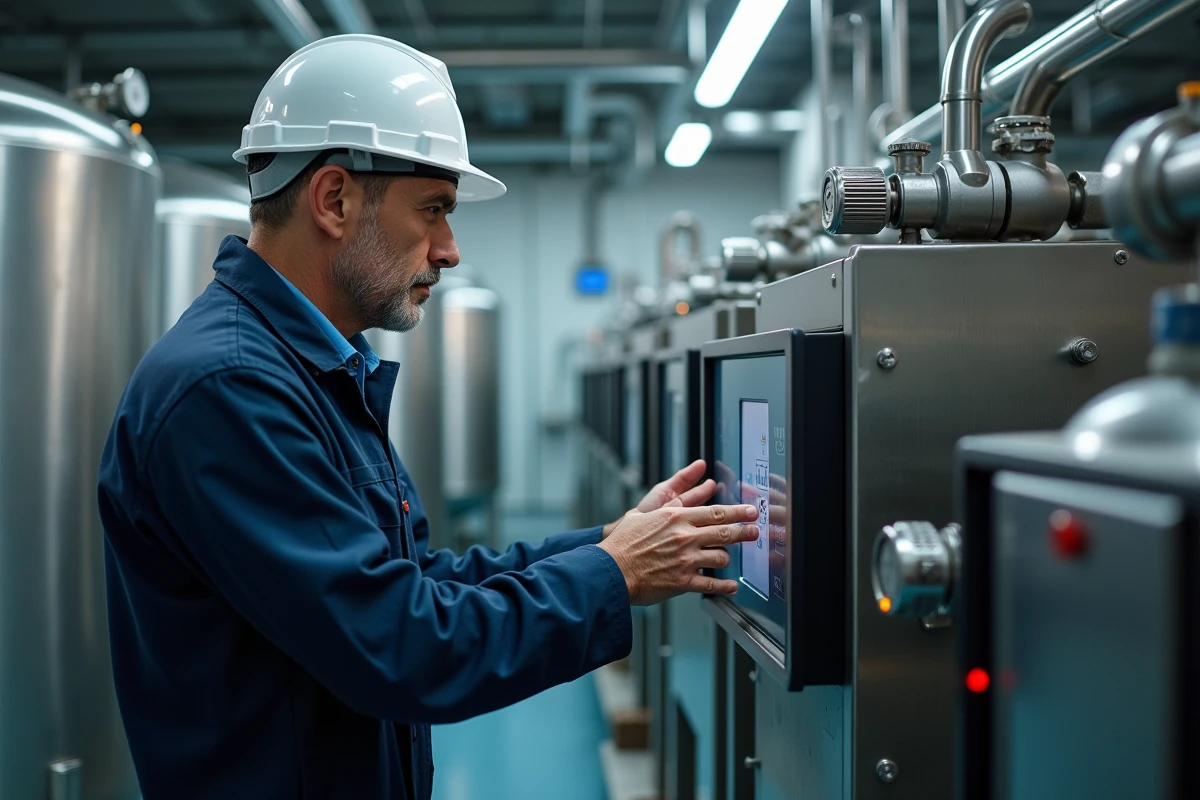 Ingénieur en traitement de l'eau inspectant un panneau de contrôle numérique dans une installation industrielle de traitement HU
