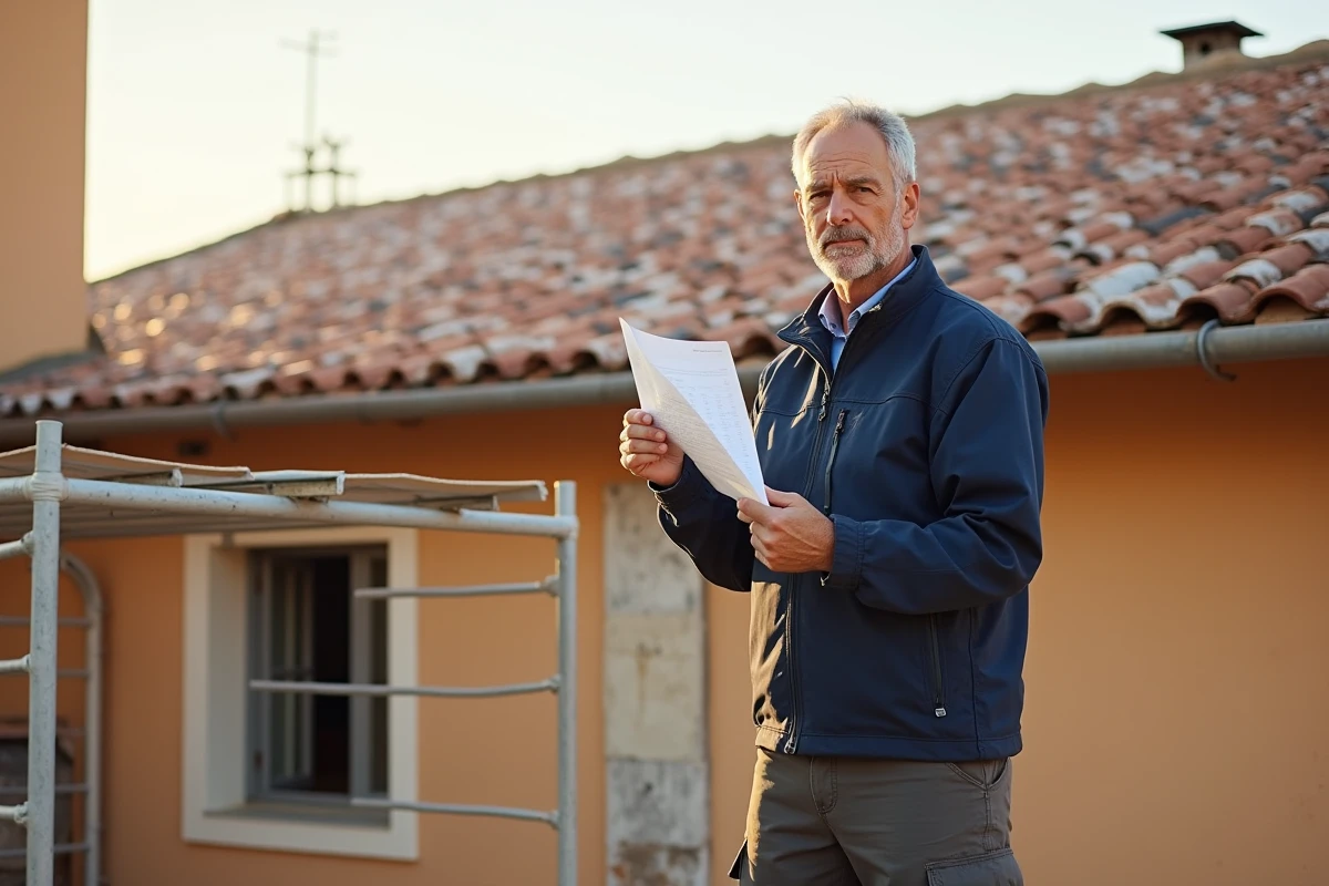 Inspecteur en bâtiment consultant une fiche technique de pose de tuile canal sur un chantier de toiture en Provence