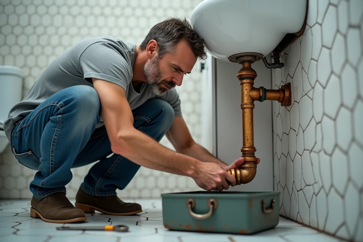 Homme inspectant des tuyaux rouillés sous un lavabo de salle de bain lors d'un diagnostic de plomberie