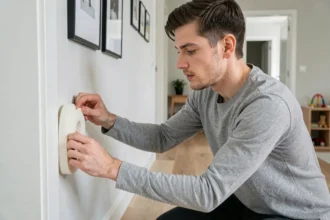 Parent installant un anti pince-doigt en mousse sur une porte intérieure blanche pour protéger un bébé à la maison