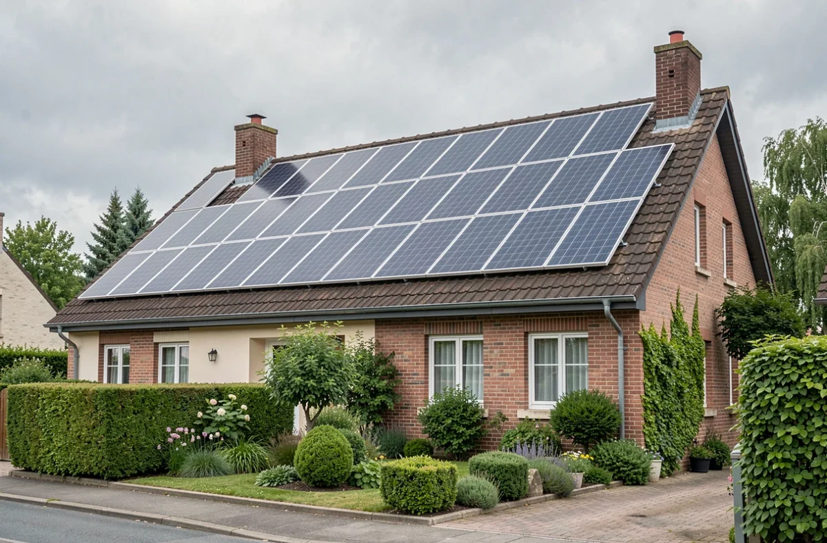 Vue d'ensemble d'une installation complète de panneaux photovoltaïques sur le toit d'une maison résidentielle en France