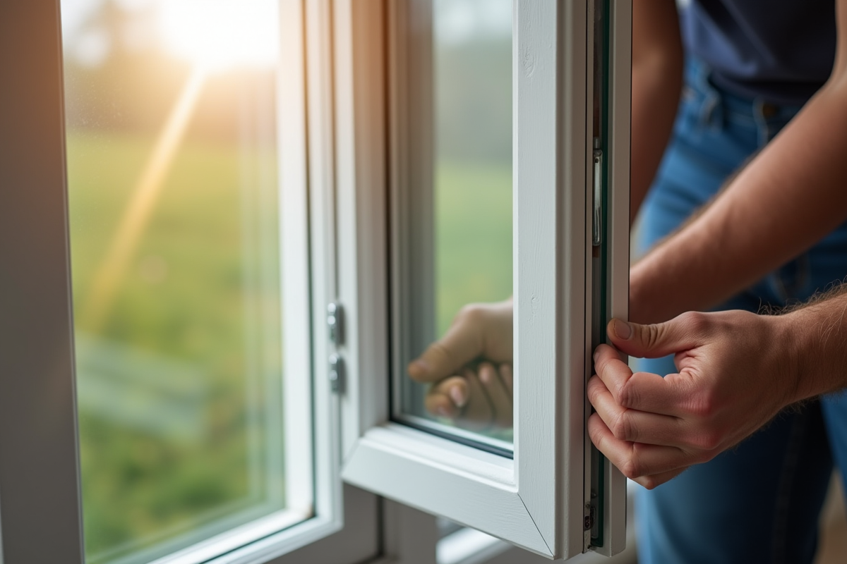Ouvrier installant une fenetre triple vitrage en gros plan