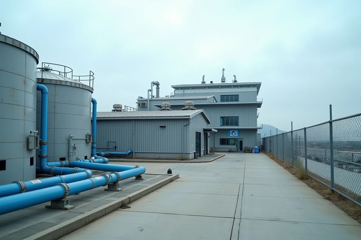 Vue extérieure grand angle d'une installation industrielle de traitement de l'eau avec réservoirs cylindriques et réseau de canalisations