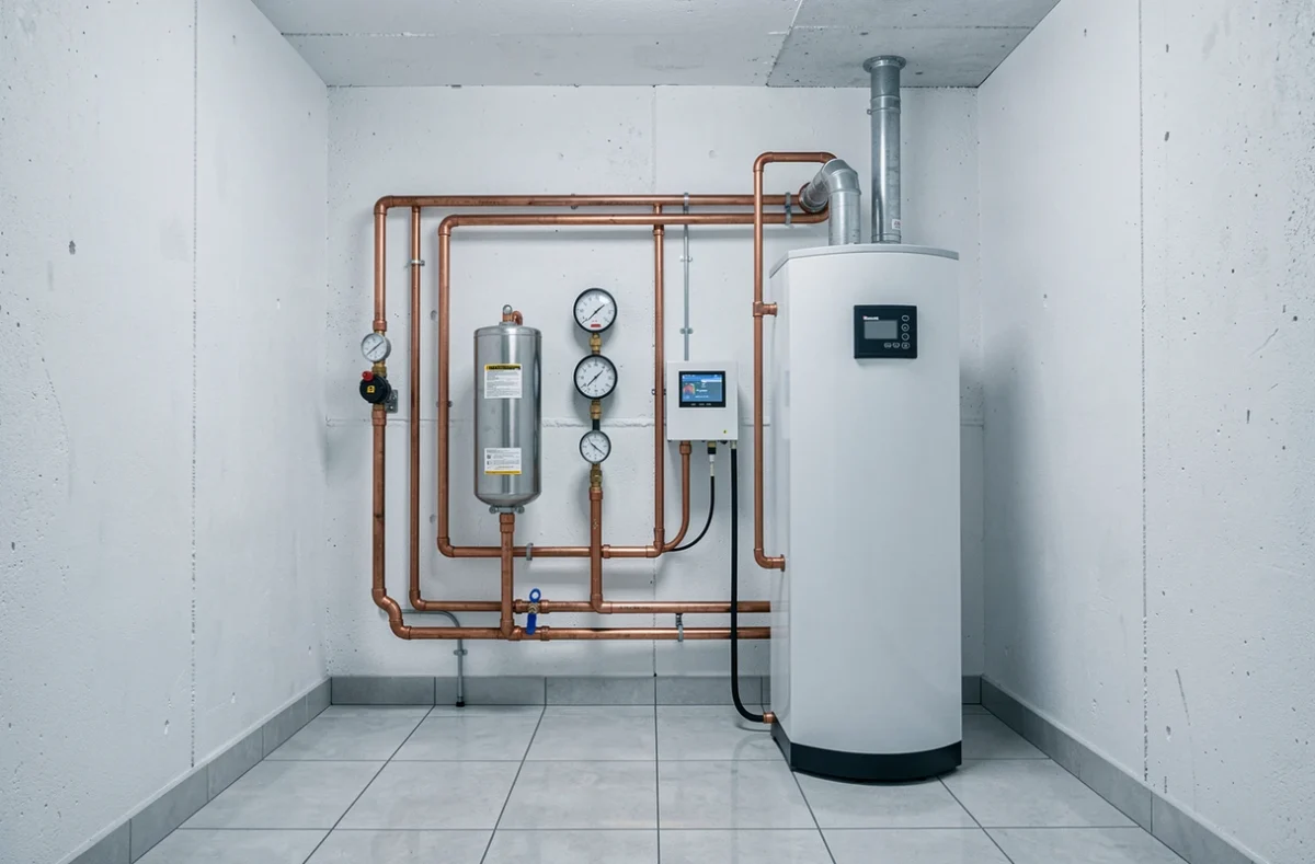 Système de distribution hydronique d'une pompe à chaleur air eau avec ballon tampon et tableau de commande numérique dans une chaufferie moderne
