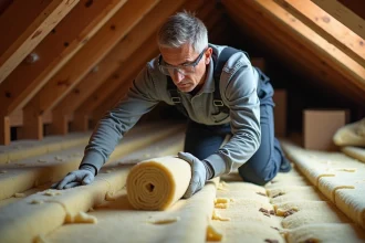 Artisan installant une isolation thermique Delpherm dans les combles d'une maison, entre les chevrons en bois