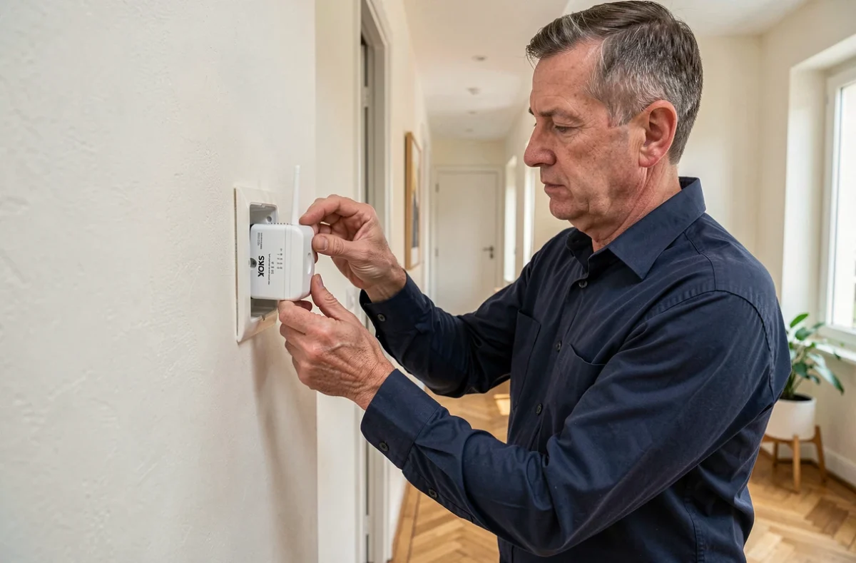 Électricien installant un module Yokis va-et-vient compatible Zigbee dans une boîte d'encastrement murale dans un appartement moderne