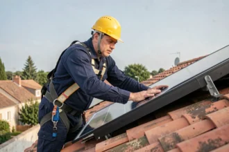 Technicien installant un panneau photovoltaïque sur un toit en tuiles lors d'une installation solaire résidentielle