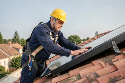 Technicien installant un panneau photovoltaïque sur un toit en tuiles lors d'une installation solaire résidentielle