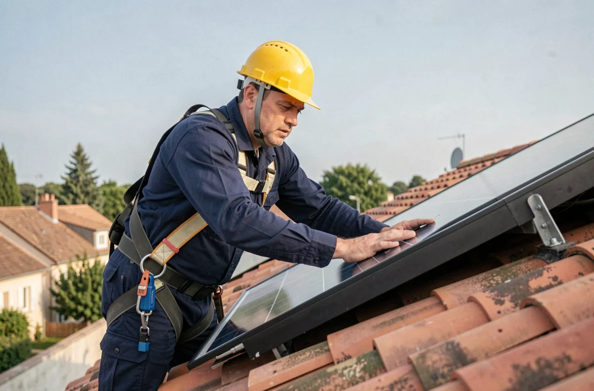 Technicien installant un panneau photovoltaïque sur un toit en tuiles lors d'une installation solaire résidentielle