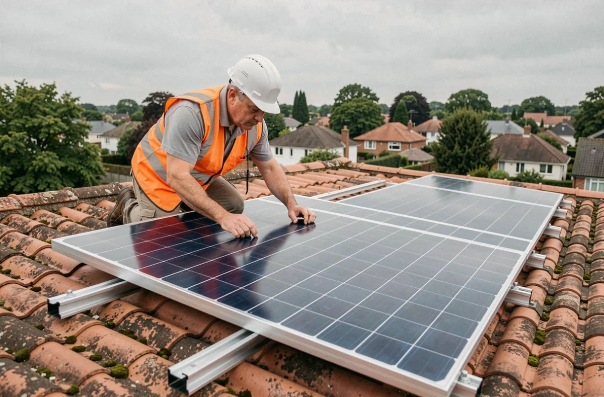 Installateur professionnel posant un panneau solaire monocristallin sur un toit en tuiles avec équipement de sécurité