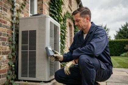 Technicien installant une pompe à chaleur air eau haute température sur la façade extérieure d'une maison ancienne en briques