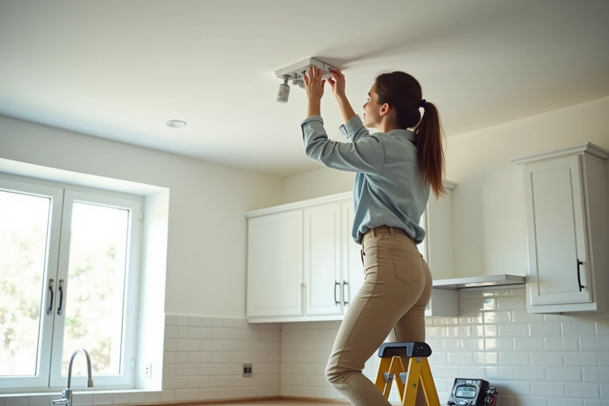 Jeune femme installant des spots dans un plafond de cuisine