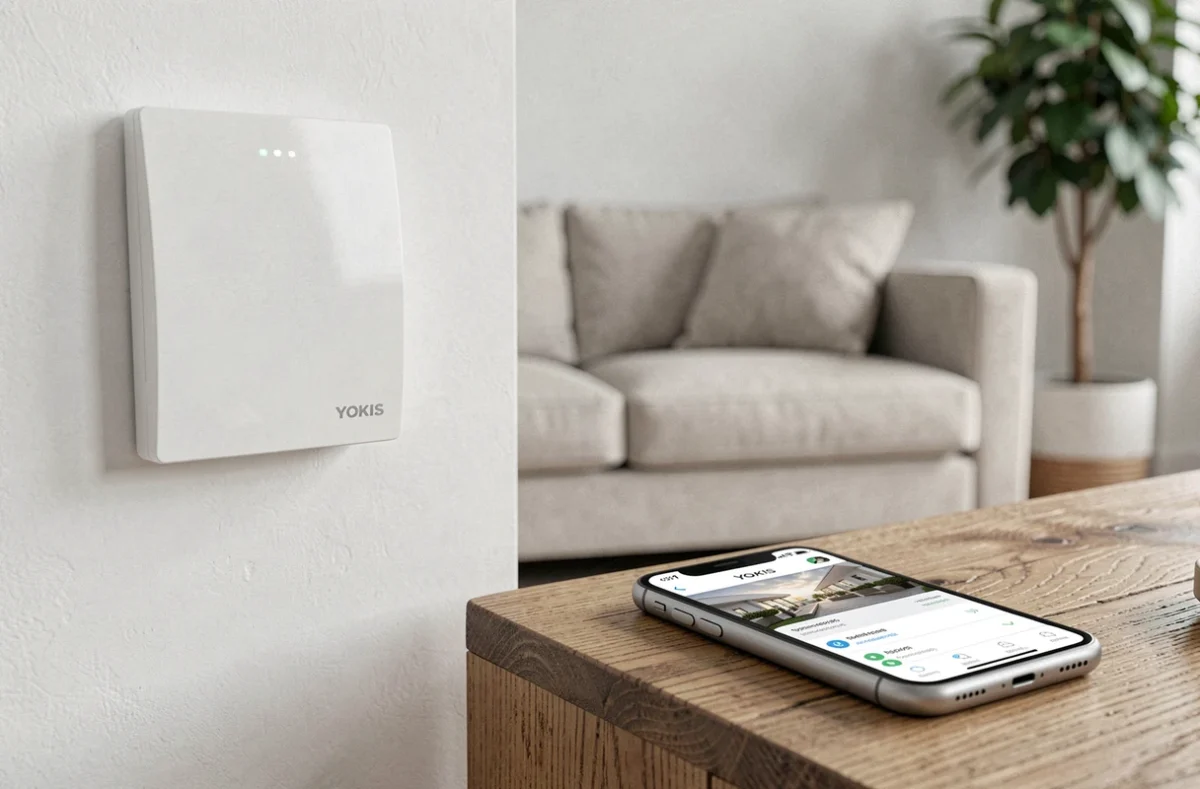 Interrupteur connecté Yokis Zigbee sur un mur blanc avec smartphone affichant une application domotique dans un salon contemporain