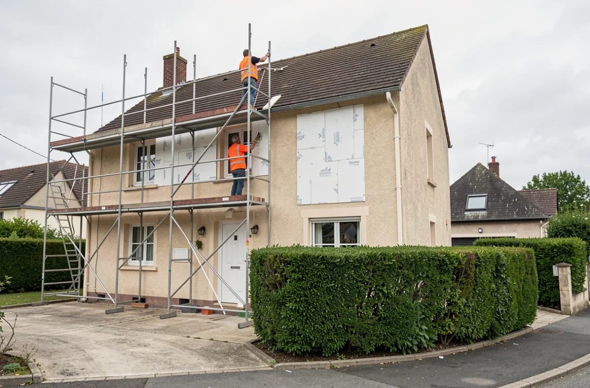 Chantier d'isolation thermique par l'extérieur sur une maison pavillonnaire française avec échafaudage