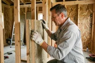 Artisan posant des panneaux d'isolation en laine minérale dans une maison en rénovation, conseil isolation habitat durable