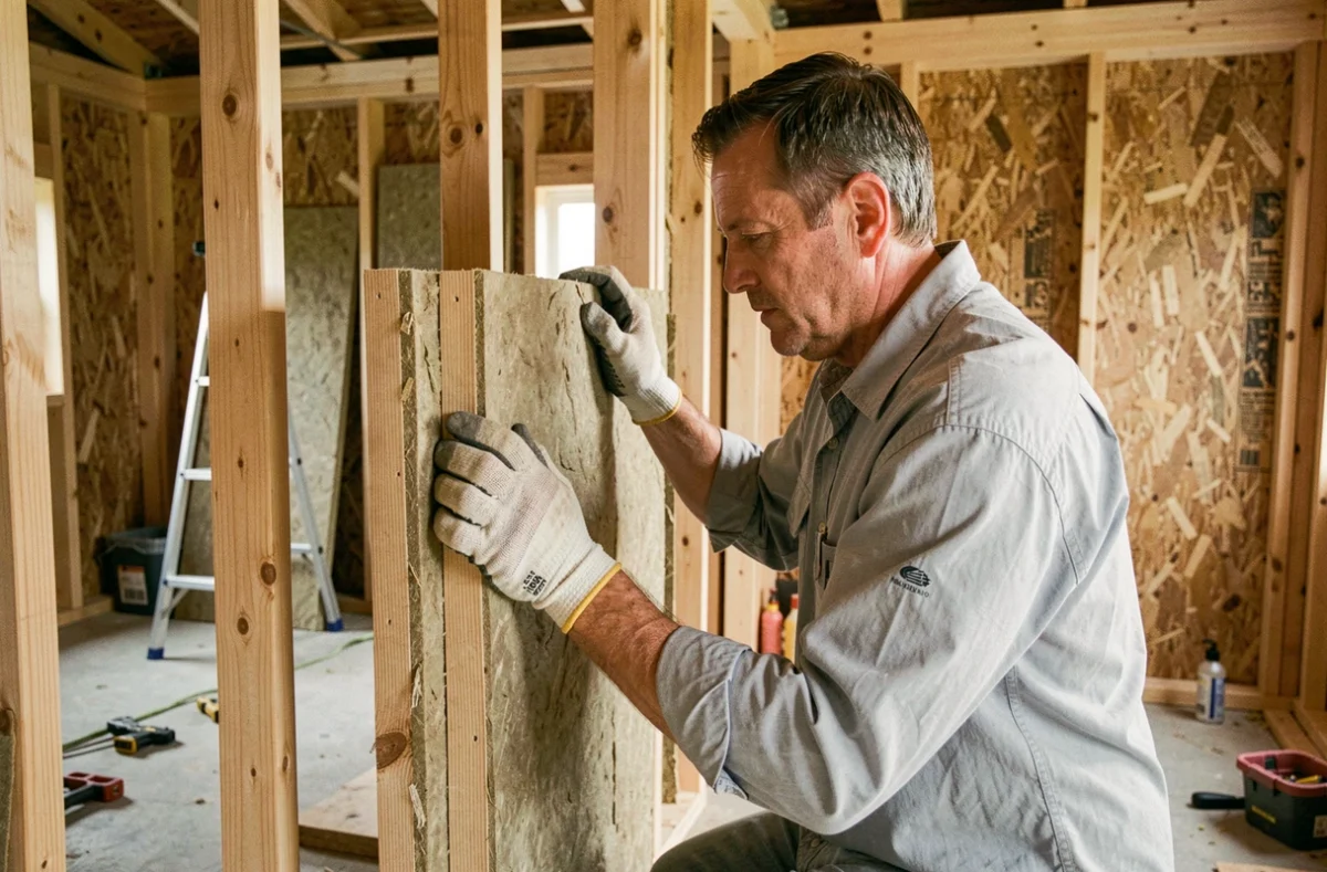 Artisan posant des panneaux d'isolation en laine minérale dans une maison en rénovation, conseil isolation habitat durable