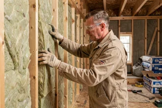 Artisan posant de l'isolant en laine minérale entre des montants en bois lors d'une rénovation intérieure