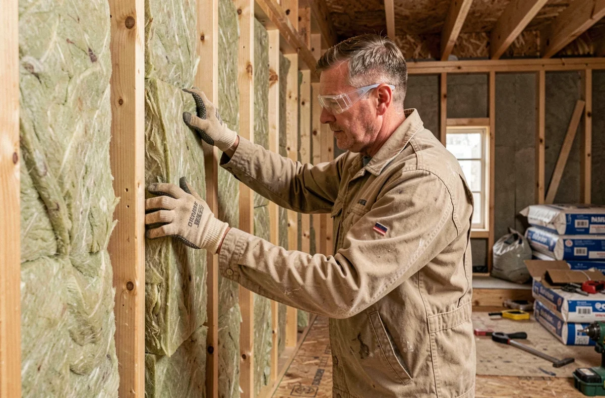 Artisan posant de l'isolant en laine minérale entre des montants en bois lors d'une rénovation intérieure