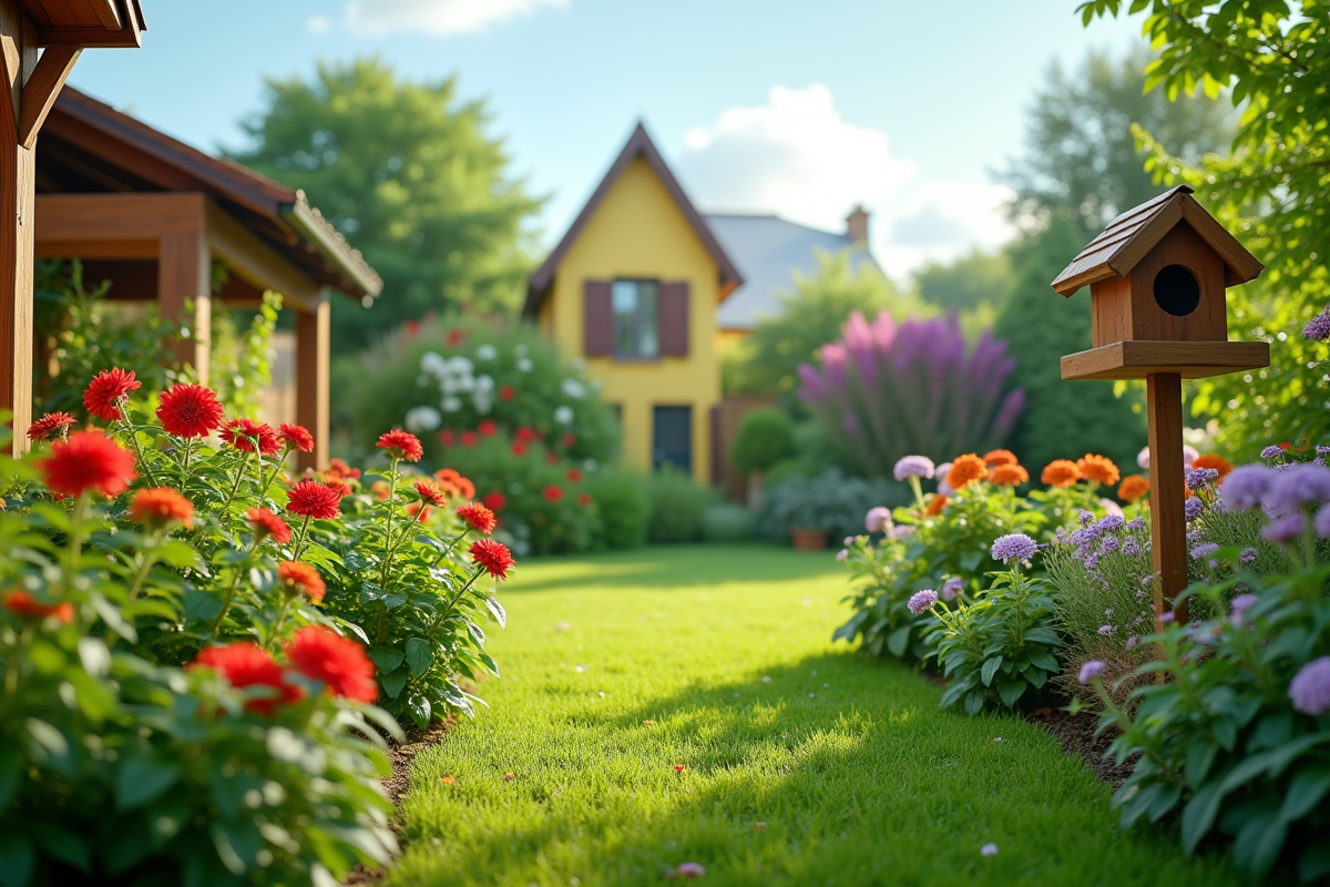 Jardin avec plantes compagnes et nichoirs pour une prevention naturelle