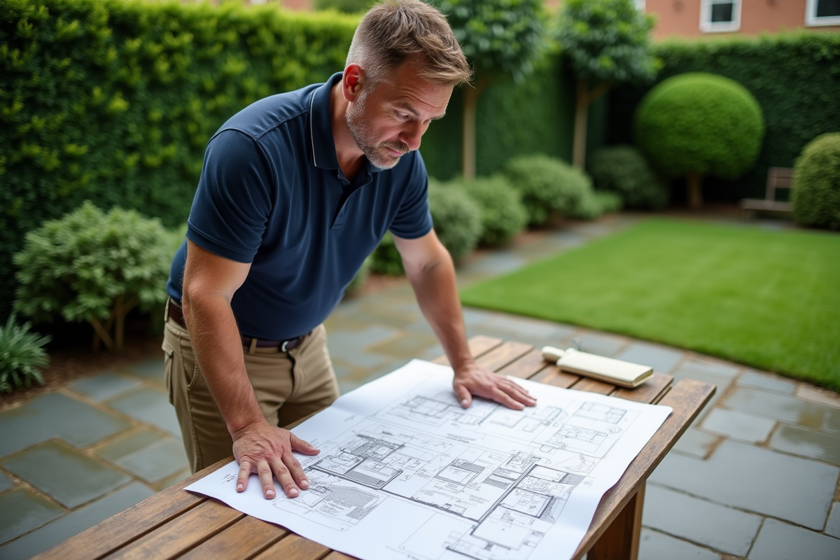 Paysagiste homme en plan de jardinage extérieur