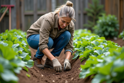Femme jardiniere en pleine action dans son jardin