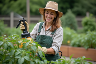 Femme en tenue de jardinage arrosant ses plants de tomates