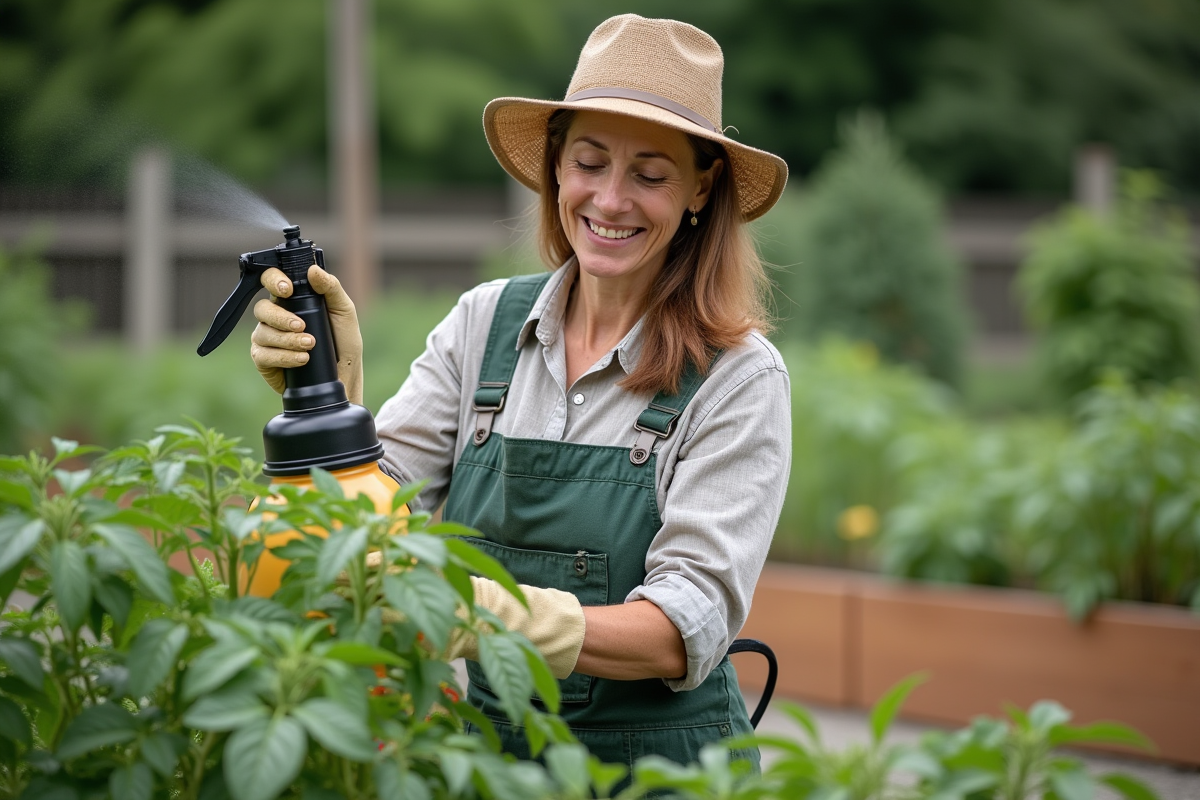 Femme en tenue de jardinage arrosant ses plants de tomates